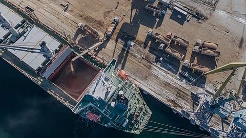 Bulk carrier loading cargo at Port of Odesa in Ukraine