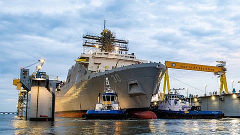 The future USS Harrisburg shortly after being launched at Ingalls Shipbuilding, October 5, 2024