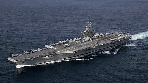 The US Navy aircraft carrier USS Abraham Lincoln underway in the Atlantic Ocean during a strait transit exercise, January 30, 2019.