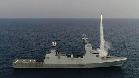 C-Dome missile being fired from a Sa'ar 6 corvette