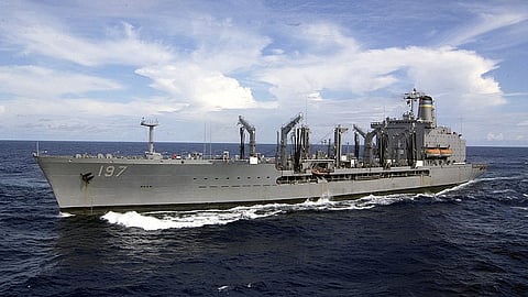 The fleet replenishment oiler USNS Pecos cruises in the Pacific Ocean while supporting the USS Constellation carrier battle group, November 29, 2002.