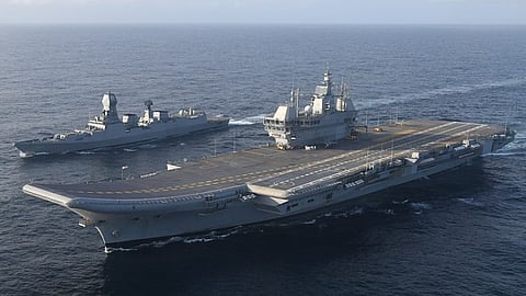 INS Vikrant, India's first locally-built aircraft carrier, underway. Vikrant was built by Cochin Shipyard.