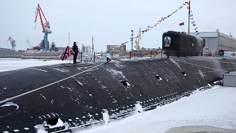 The Russian Navy nuclear-powered ballistic missile submarine Imperator Aleksandr III during its commissioning ceremony, December 11, 2023