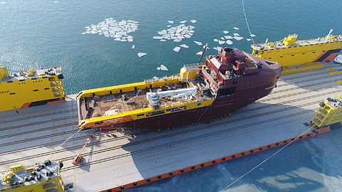 The Russian icebreaker Yekaterina Velikaya prior to being launched into the water for the first time