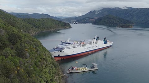 The Ro-Pax ferry Aratere aground near South Island, New Zealand