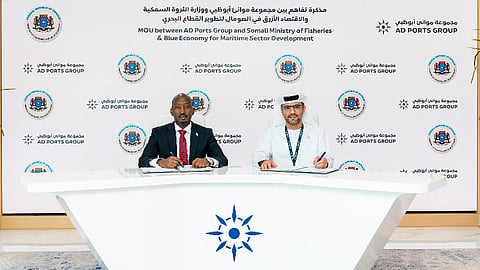 Ahmed Hassan Aden, Somali Minister of Fisheries and Blue Economy, and Captain Mohamed Juma Al Shamisi, AD Ports Group Managing Director and Group CEO, at the MOU signing ceremony, October 30, 2024