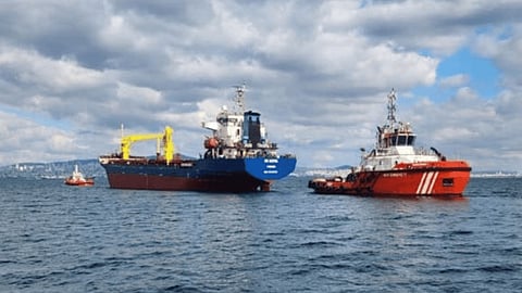 The tug Sark towing the general cargo ship FG Sevil to a secure anchorage, October 31, 2024