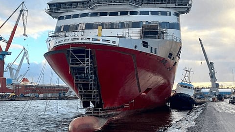Spirit of Tasmania V pierside after it had broken free of its outfitting dock, November 1, 2024