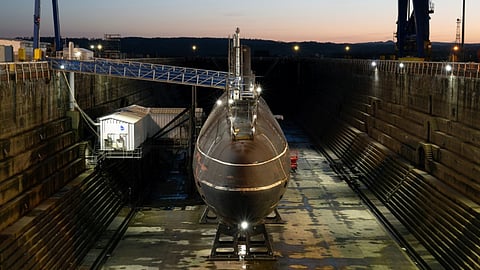 Ex-HMS Swiftsure in drydock at Babcock's Rosyth facility
