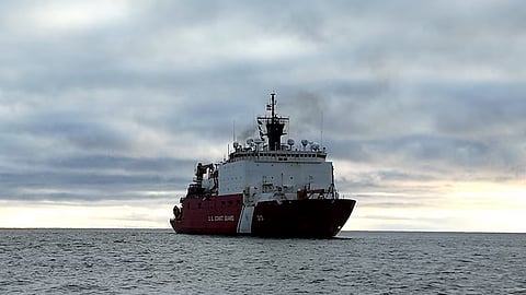 The US Coast Guard icebreaker USCGC Healy manoeuvres off the coast of Nome, Alaska, following the completion of the first phase of its fall 2024 deployment, October 25, 2024.