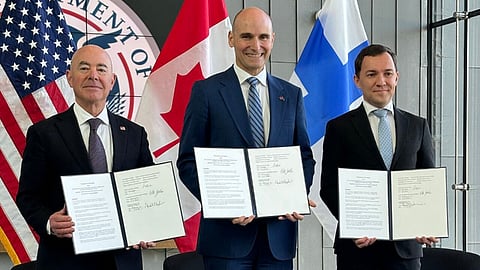 ICE Pact MOU signing in Washington, DC, November 13, 2024. L-R: Alejandro Mayorkas, US Secretary of Homeland Security; Jean-Yves Duclos, Canada's Minister of Public Services and Procurement; Wille Rydman, Finland’s Minister of Economic Affairs