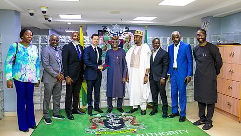 Nigerdock Chairman and CEO Maher Jarmakani (fourth from left) shakes hands with Nigerian Ports Authority Managing Director Dr Abubakar Dantsoho following the signing of the Snake Island Port concession agreement.