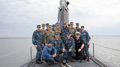 Midshipmen from the United States Naval Academy tour the Virginia-class attack submarine USS North Dakota, 2019