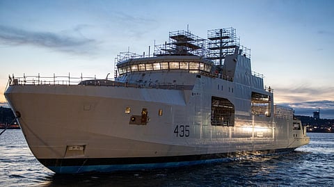 The future Royal Canadian Navy Arctic and offshore patrol ship HMCS Robert Hampton Gray following its launch at Irving Shipbuilding's Halifax facilities in Nova Scotia, December 9, 2024