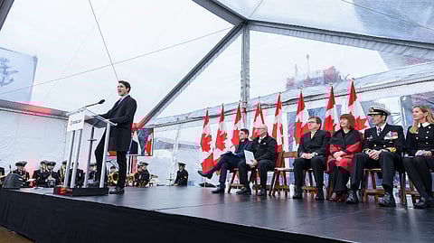 Canadian Prime Minister Justin Trudeau delivers a speech during the naming and launching ceremony of HMCS Protecteur, December 13, 2024.