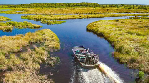 An airboat operated by Wooten's Everglades Airboat Tours. A boat similar to this collided with another vessel in the Florida Everglades on December 13, 2024. At least 16 people suffered injuries due to the incident.