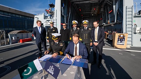 Delivery ceremony of PNS Yamama, the Pakistan Navy's newest Yarmook-class offshore patrol vessel
