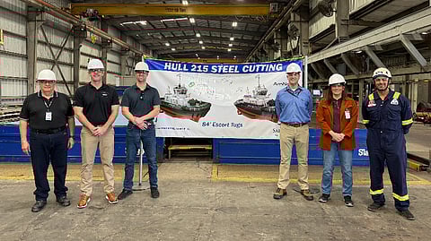 Steel-cutting ceremony marking the official start of construction of Saltchuk Marine's newest escort tugs, December 18, 2024