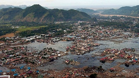 A village near the coast of Sumatra lays in ruin after the 2004 Boxing Day tsunami that struck South East Asia