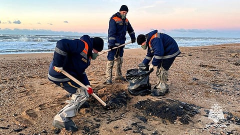 Volunteers helping to clean up the Kuban coastline following oil spill