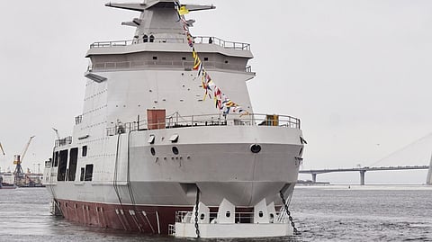 The Project 23550 icebreaking patrol ship Nikolay Zubov being launched into the water for the first time, December 25, 2024