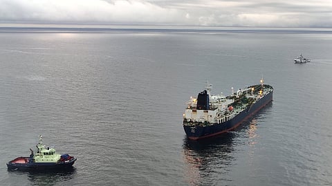 Eagle S (right), an oil tanker believed to be responsible for damaging the Estlink 2 electricity interconnector cable between Estonia and Finland on December 25, 2024