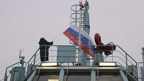 The Russian flag is raised on the nuclear-powered icebreaker Yakutia as it is handed over to Rosatom in a ceremony on December 28, 2024.