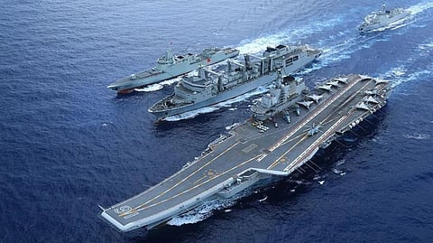 People's Liberation Army Navy (PLAN) ships led by the aircraft carrier Liaoning underway during the celebration of the PLAN's 75th founding anniversary, April 23, 2024