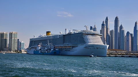 The bunkering vessel Green Zeebrugge supplies LNG fuel to the cruise ship Costa Smeralda in Dubai Harbour, January 4, 2025.