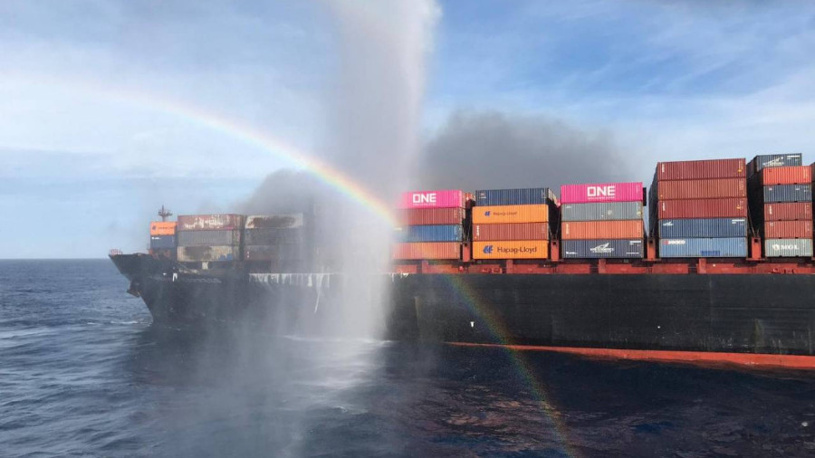 The containership Yantian Express after a fire ignited on board while underway in the Atlantic Ocean on January 3, 2019. Germany's Federal Bureau of Maritime Casualty Investigation said the fire originated from a container laden with coconut charcoal that had erroneously been declared as coconut pellets on the bill of lading.