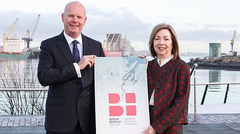 Belfast Harbour CEO Joe O'Neill and Belfast Harbour Commissioners Chair Dr Theresa Donaldson at the formal launch of Belfast Harbour's Advance Regional Prosperity 2025-2029 strategy, January 21, 2025