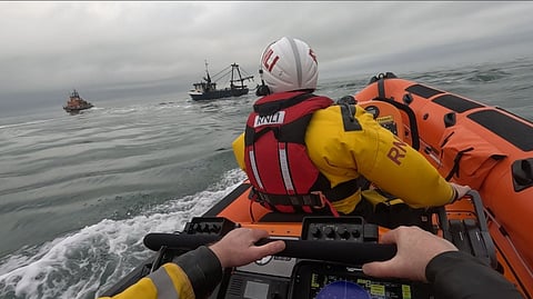 Howth RNLI boat crews towing the stricken fishing boat off rocks at Rush, North Dublin, January 20, 2025