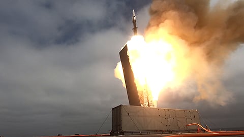 USS Savannah (LCS-28) fires a SM-6 from a Lockheed Martin Mk 70 containerised missile launcher on October 24, 2023