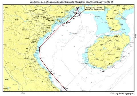 Diagram illustrating the baseline for determining the width of Vietnam's territorial area in the Gulf of Tonkin