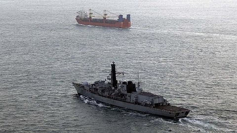 HMS Somerset keeps a close watch on Baltic Leader in the English Channel