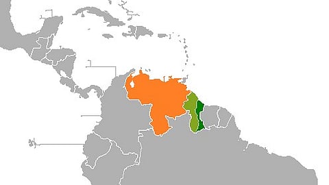 Map showing locations of both Guyana and Venezuela. Light green is the disputed Guayana Esequiba