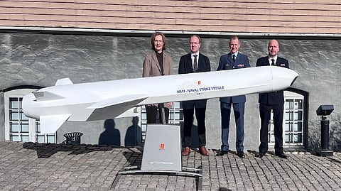 Norwegian and Danish officials at the signing of a contract for the purchase of new anti-ship missiles by the Danish Defence Acquisition and Logistics Organisation (DALO). L-R: Gro Jære, Director General of the Norwegian Defence Materiel Agency; Øyvind Kolset, Executive Vice President of Missiles and Space for Kongsberg Defence and Aerospace; Lieutenant General Per Pugholm Olsen, Director of DALO; Commander-Captain Frank Erland Jensen of the Royal Danish Navy
