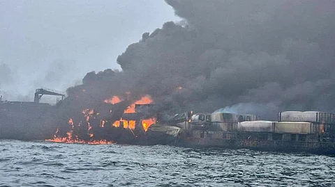 Still from video posted on social media showing the aftermath of the allision between Stena Immaculate and Solong