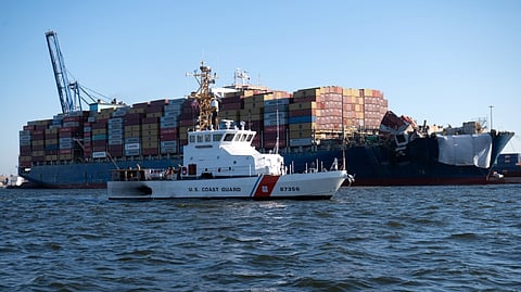 The crew of USCGC Sailfish, a Marine Protector-class vessel, prepares to escort the containership Dali during its transit from the Port of Baltimore to the Port of Virginia, June 24, 2024. Dali was accompanied to the Port of Virginia by four tugs while Sailfish provided a security zone.