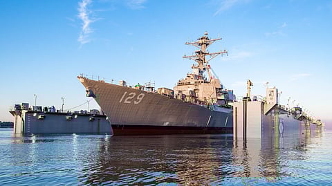 Launch of the US Navy Arleigh Burke-class destroyer USS Jeremiah Denton at Huntington Ingalls Industries' Ingalls Shipbuilding yard in Pascagoula, Mississippi