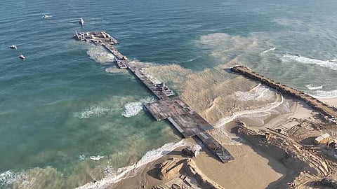 The temporary floating pier built to receive humanitarian aid in the Gaza Strip