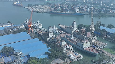 Indian Navy ships including two stealth destroyers undergoing fitting out at Garden Reach Shipbuilders and Engineers' Kolkata facilities