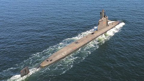 A Scorpene-class submarine underway while surfaced