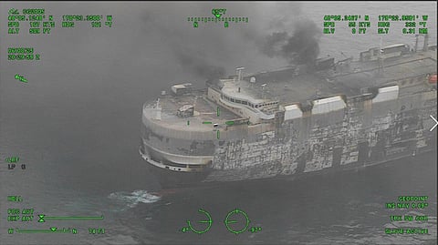 The burning vehicle carrier Morning Midas off the coast of Alaska. A fire had broken out among the ship's cargo of electric vehicles on June 3, 2025.