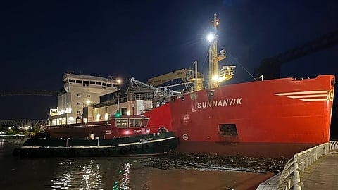 The motor vessel Sunnanvik, a 406-foot cement carrier, aground on the Cuyahoga River in Cleveland, Ohio June 20, 2025.