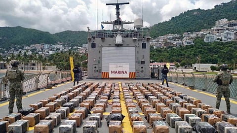 Confiscated bags of suspected cocaine on the deck of an unidentified Mexican Navy ship
