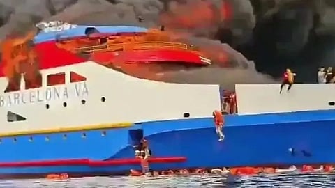 The burning ferry Barcelona VA off North Sulawesi, Indonesia, July 20, 2025. Five people who were on the vessel at the time of the incident are confirmed dead.