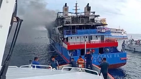 The burning ferry Barcelona VA off North Sulawesi, Indonesia, July 20, 2025. Three people who were on the vessel at the time of the incident are confirmed dead.