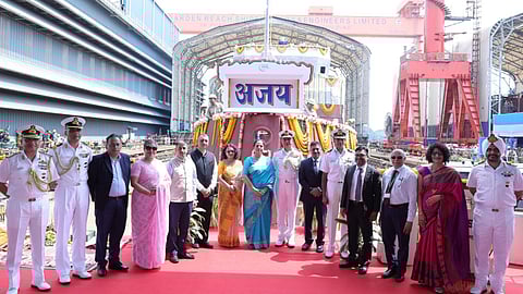 Launch of the future INS Ajay, the Indian Navy's eighth Arnala-class anti-submarine corvette, July 21, 2025