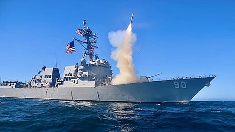 The guided-missile destroyer USS Chafee launches a block V Tomahawk during an exercise off the coast of California, December 1, 2020.